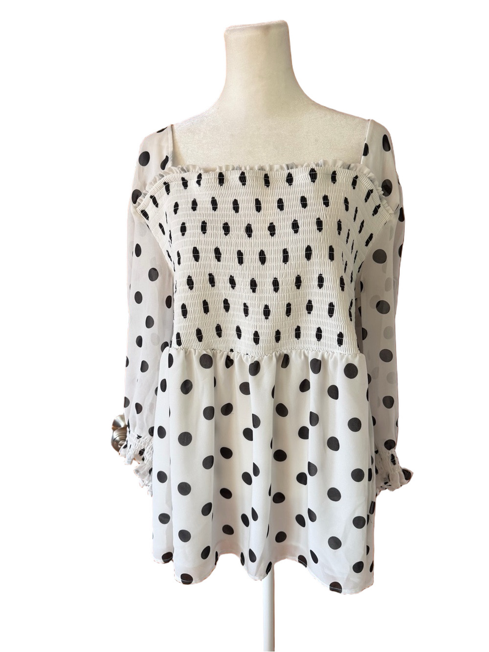 Torrid Women’s White and Black Polka Dot Smocked Peplum Top